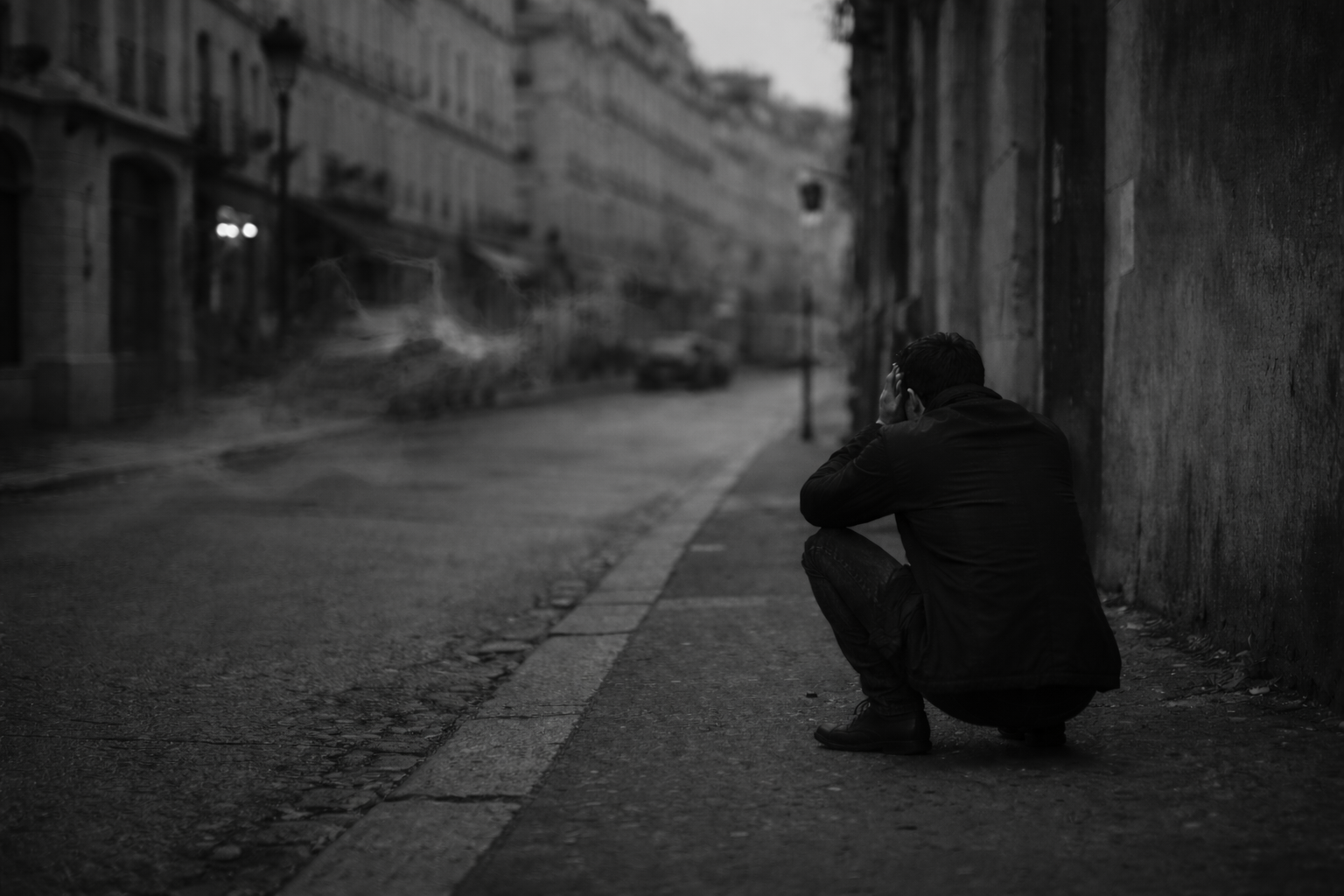 Man listening in a black and white street scene