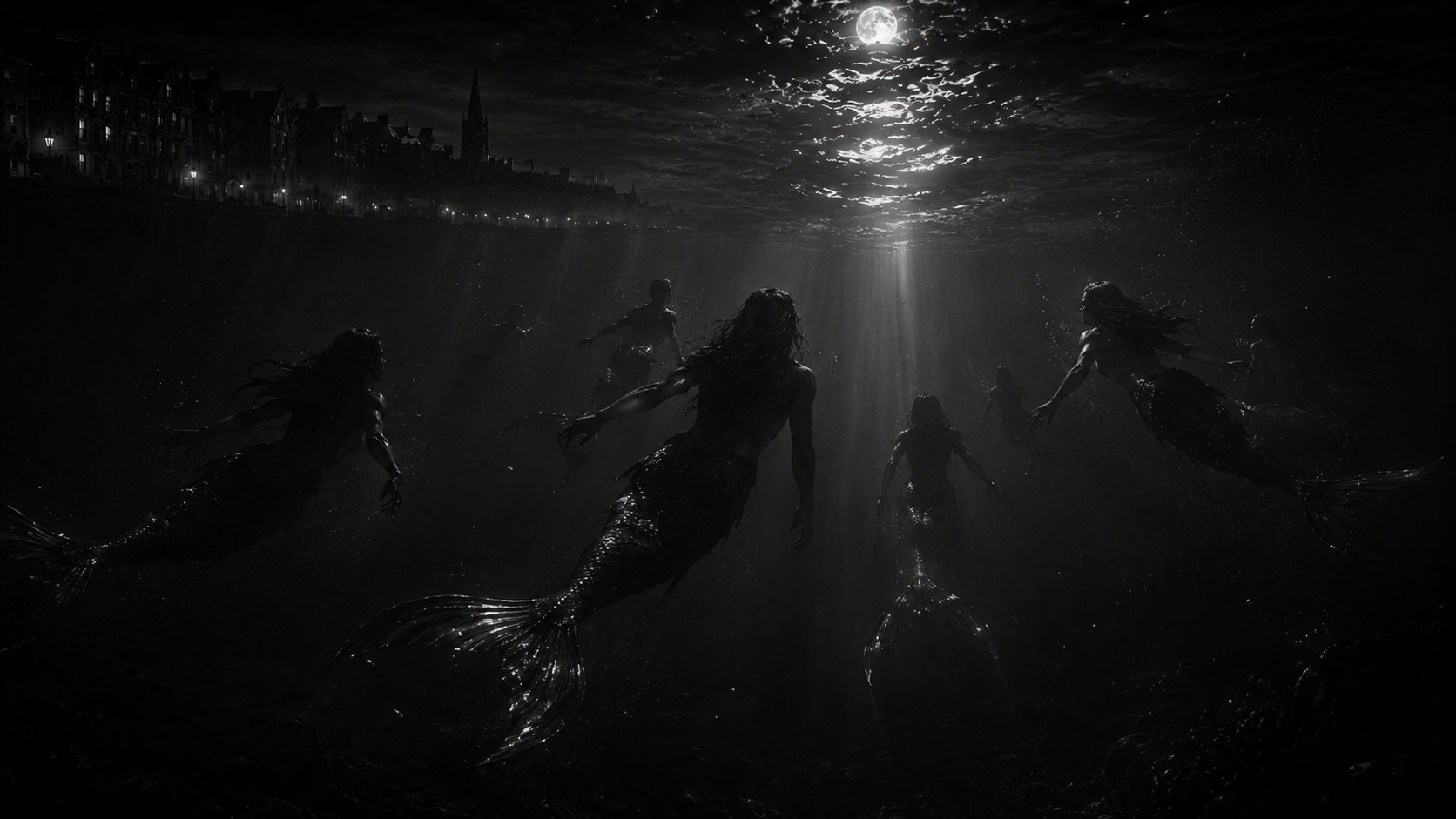 Mermaid-like figures swimming beneath the moonlit river