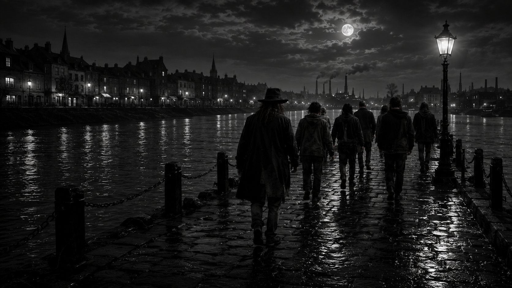 A group walking along a moonlit river in black and white