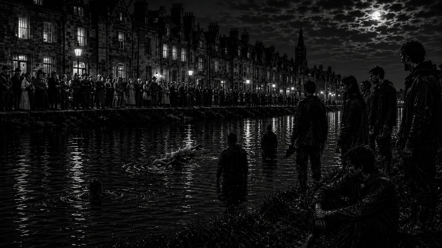 People at the riverbank in the black and white video world for The River Knows