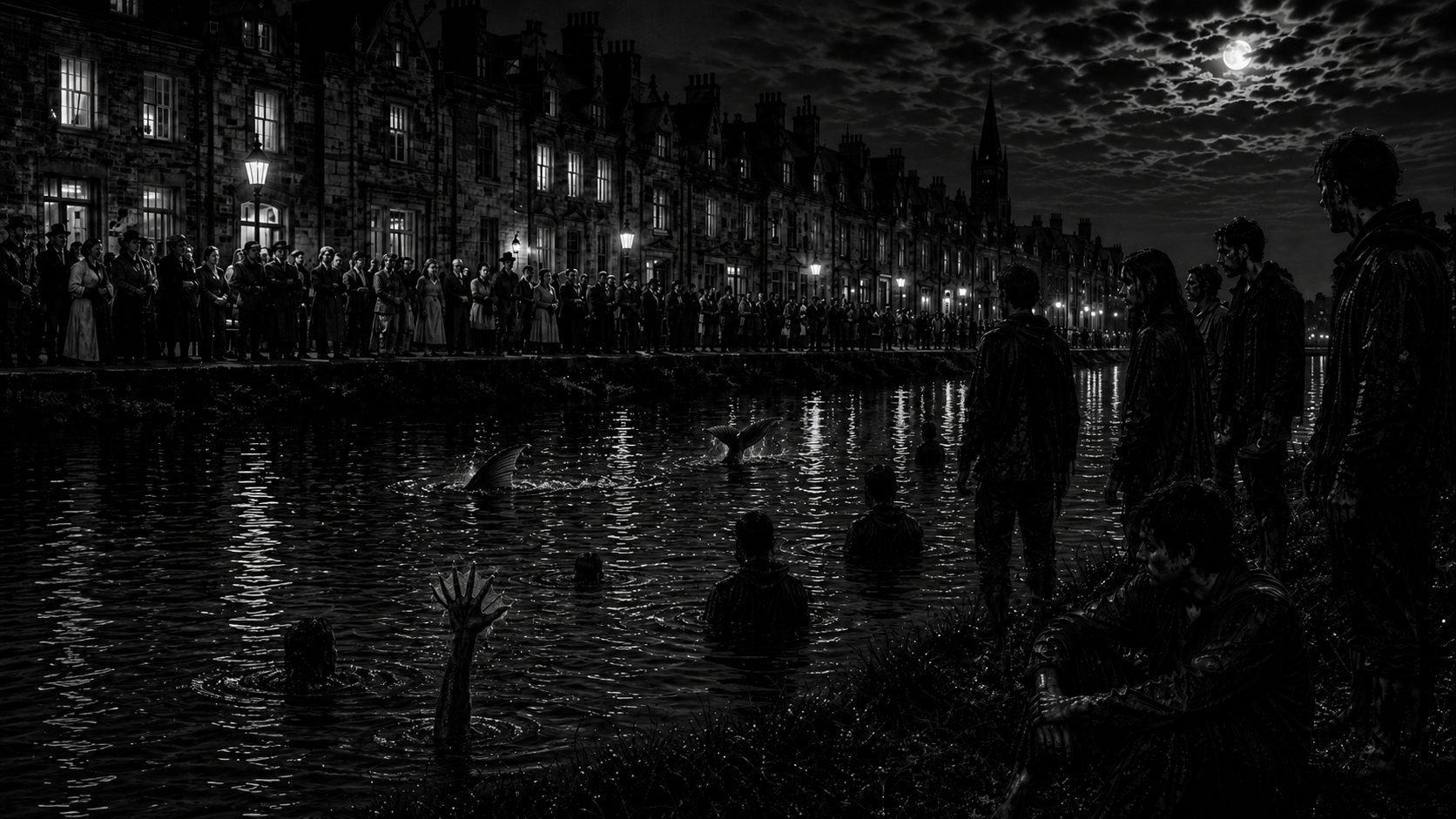 River transformation scene with figures in the water